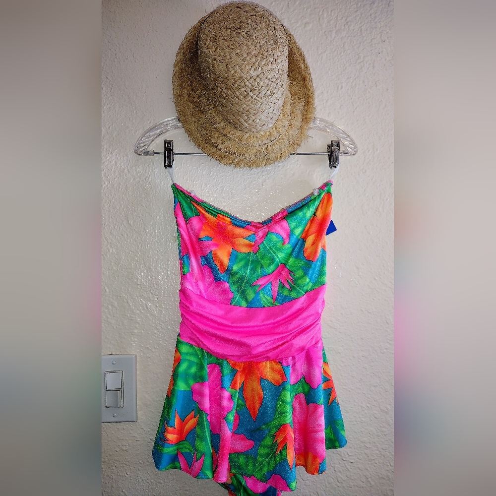 Vintage Sz 12 Mainstream 80s Tropical Bathing suit Vacay vibes bright colorful